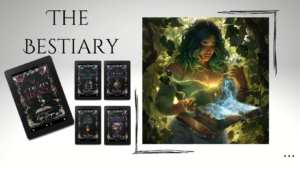 A witch surrounded by greenery holding a magical book